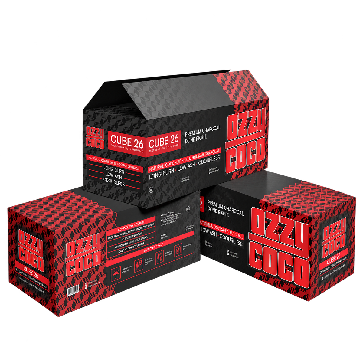 Ozzy Coco Cube 26 Coconut Shell Charcoal – 10 kg Carton – transparent square packaging image