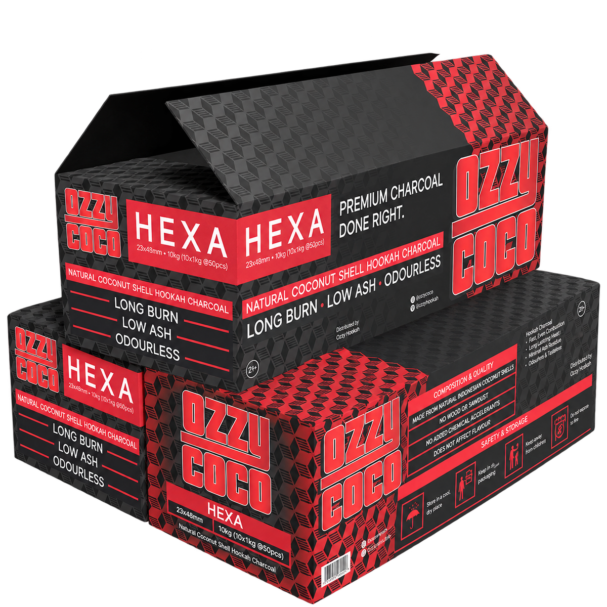 Ozzy Coco Hexa Coconut Shell Charcoal – 10 kg Carton – transparent square packaging image